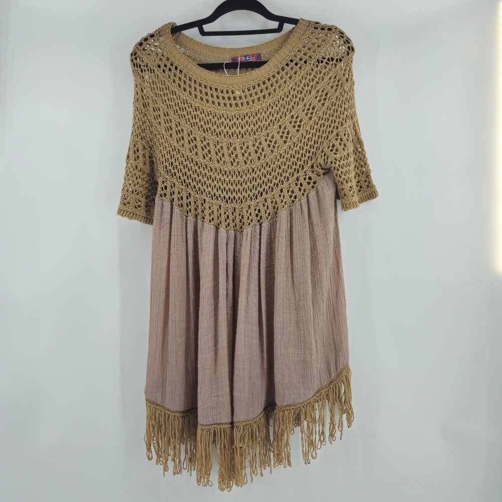 Boho Crochet Knit Tunic Dress Fringe Neutral Indie Granola Earthy Forest‎ Fairy